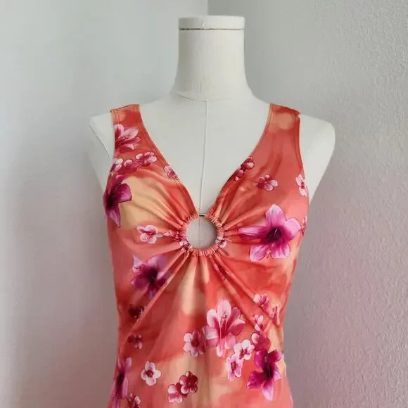 Y2K Orange Pink Floral Ring Front Sleeveless Mini Dress Vintage Tropical XS - Picture 2 of 8